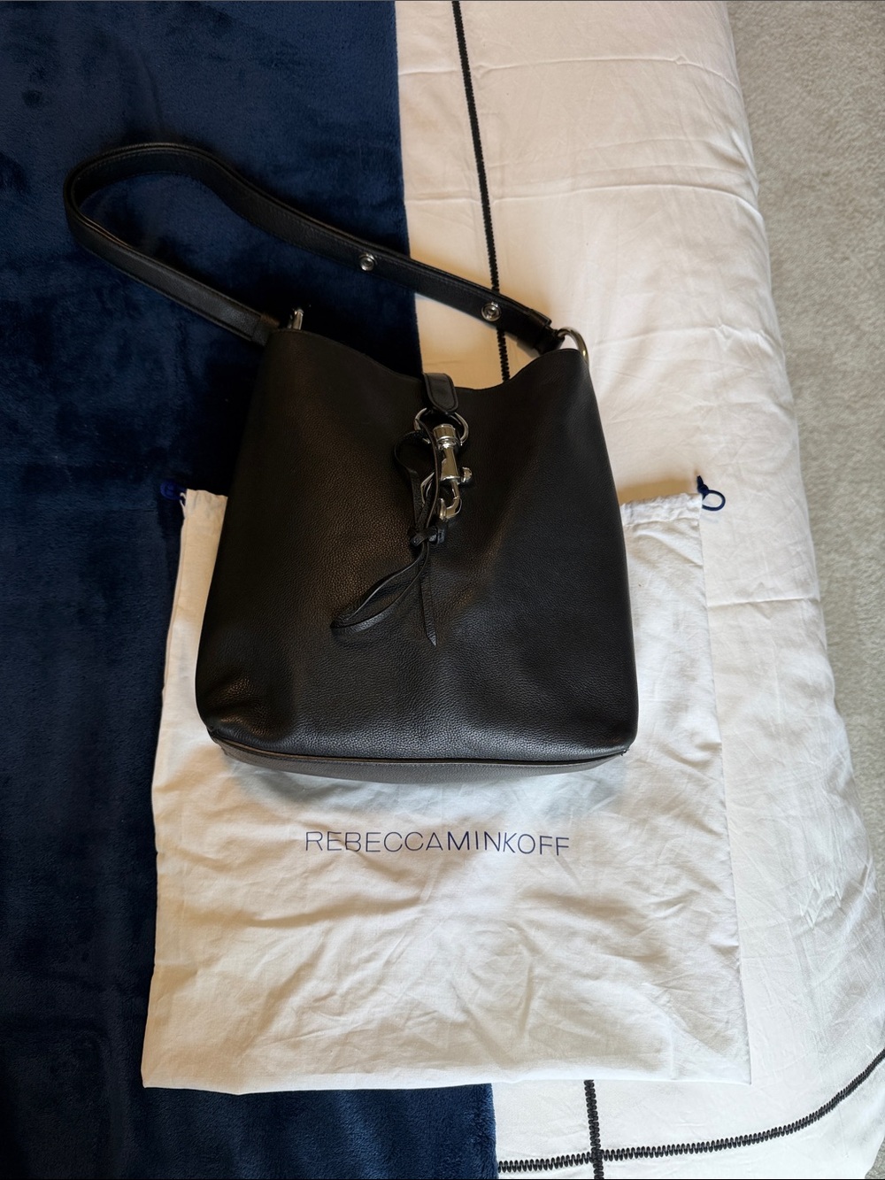 Rebecca Minkoff Megan Shoulder Bag Silver Lobster Claw hook ring closure Black